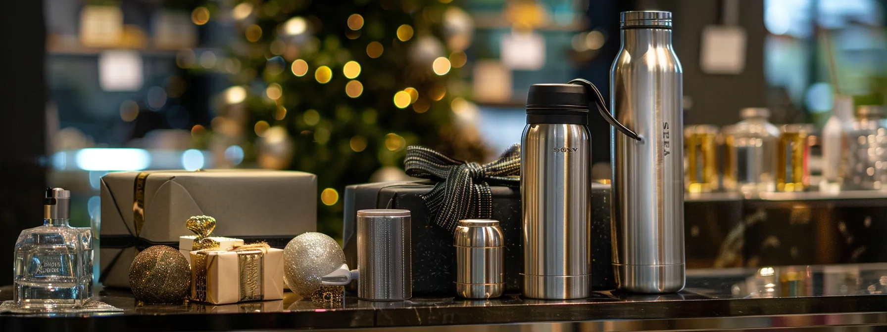 a sleek, stainless steel water bottle nestled among a selection of artisanal handmade products and technology-infused luxury items in a sophisticated corporate gifting display.